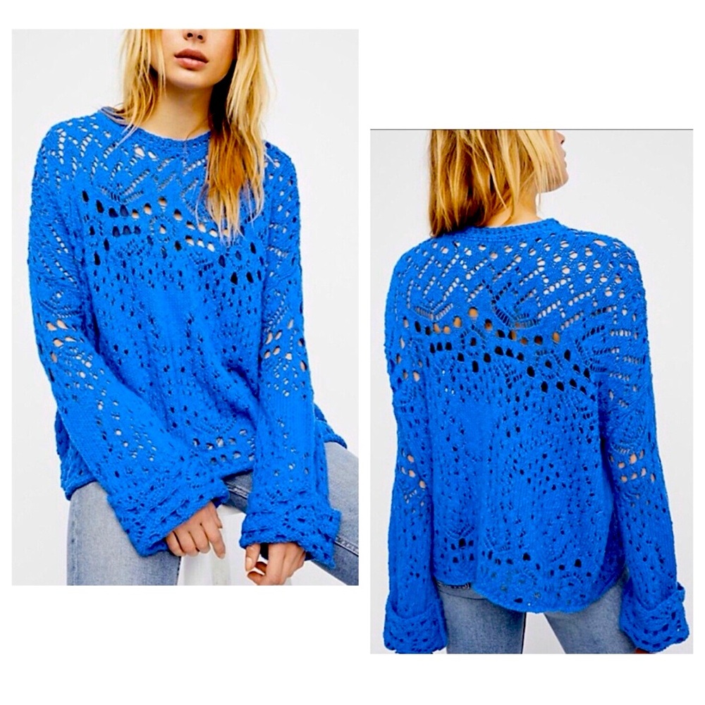 Free People Open Knit Pullover Sweater - Bright Blue